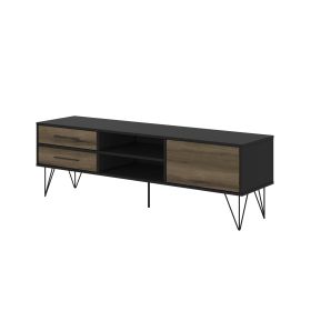 60 Inch Wood and Metal 1 Door TV Entertainment Stand with 2 Drawers; Brown and Black