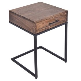 Mango Wood Side Table with Drawer and Cantilever Iron Base; Brown and Black