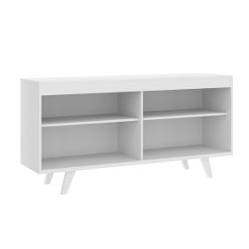 58 Inch Handcrafted Wood TV Media Entertainment Center Console; 4 Open Compartments; Angled Legs; White