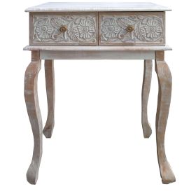 2 Drawer Mango Wood Console Table with Floral Carved Front; Brown and White