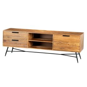 Roomy Wooden Media Console with Slanted Metal Base; Brown and Black