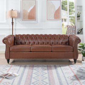 84' BROWN PU Rolled Arm Chesterfield Three Seater Sofa.