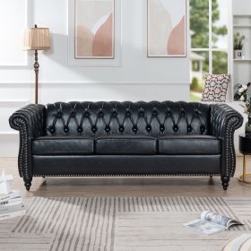 84" BLACK PU Rolled Arm Chesterfield Three Seater Sofa.