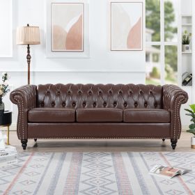 84" Dark Brown PU Rolled Arm Chesterfield Three Seater Sofa.