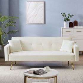 Cream White Velvet Convertible Folding Futon Sofa Bed ; Sleeper Sofa Couch for Compact Living Space.