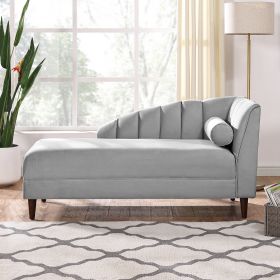 Velvet Upholstered Chaise Lounge Chair with one Pillow for Living Room. Rubber Wood Legs. Grey (27.5'x64'x32')