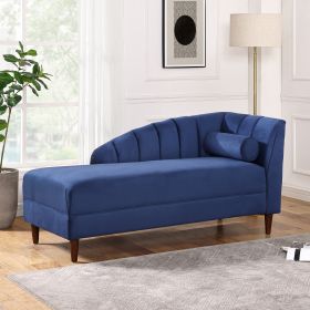 Velvet Upholstered Chaise Lounge Chair with one Pillow for Living Room. Rubber Wood Legs. Navy Blue (27.5'x64'x32')