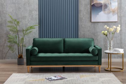 Fancy Style Living Room Furniture Green Velvet 1pc Sofa with Wooden Legs Pocket Coils Seating