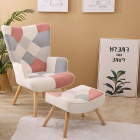 Accent Chair with Ottoman; Living Room Chair and Ottoman Set; Comfy Side Armchair for Bedroom; Creative Splicing Cloth Surface; pink