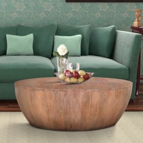 Drum Shape Wooden Coffee Table with Plank Design Base; Distressed Brown