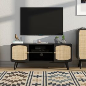 Black TV Console with Rattan Door; Boho TV Stand for Bedroom; Living Room