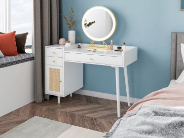 Makeup Vanity with Drawers; Mid-Century Dressing Table White Wood Desk with Rattan Door