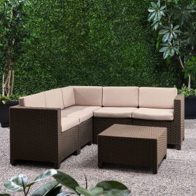 Riley Outdoor All Weather Faux Wicker 5 Seater Sectional Sofa Set with Cushions Dark Brown + Beige