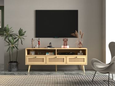 Rattan TV Stand with Solid Wood Feet; TV Console Table for Living Room; Natural