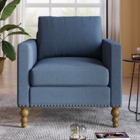 Classic Linen Armchair Accent Chair with Bronze Nailhead Trim Wooden Legs Single Sofa Couch for Living Room; Bedroom; Balcony; Navy Blue