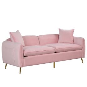 77.5" Velvet Upholstered Sofa with Armrest Pockets; 3-Seat Couch with 2 Pillows and Golden Metal Legs for Living Room; Apartment; Home Office; Pink