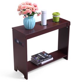 American Heritage End Table;  Narrow Side Table with Charging Station;  2 Cup Holders and Storage Shelf for Living Room;  Office;  Brown