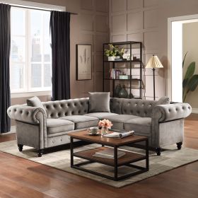 [VIDEO provided] 80*80*28' Deep Button Tufted Velvet Upholstered Rolled Arm Classic Chesterfield L Shaped Sectional Sofa 3 Pillows Included-Grey