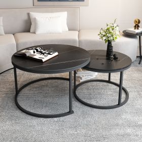 Modern Round Nesting Coffee Table Set of 2 with Black Faux Marble Top,Metal Frame