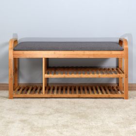 Living Room Bamboo Storage Bench; Entryway 3 Shelves Bench with flip storage compartment 39.37 x 13 x 19.88 inch