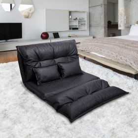 Adjustable Floor Sofa Bed with 2 Pillows, Folding Chaise Lounge Sofa Chair with 5 Reclining Position for Living Room, PU Leather, Black XH