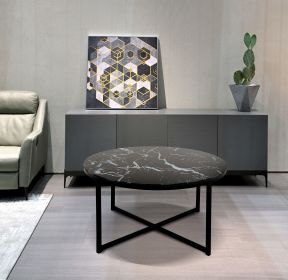 Cross Legs Glass Coffee Table with Metal Base;  Marble Black Color Top