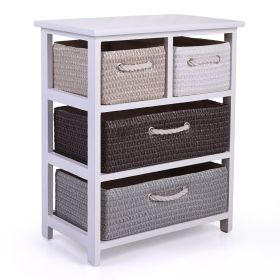 4-Drawer Storage Unit with Woven Baskets, Drawer Dresser Chest, Sturdy Wood Frame, Storage Tower for Home Bedroom Living Room, Modern White XH