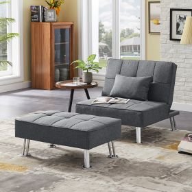 Modern Fabric Single Sofa Bed with Ottoman ; Convertible Folding Futon Chair; Lounge Chair Set with Metal Legs .