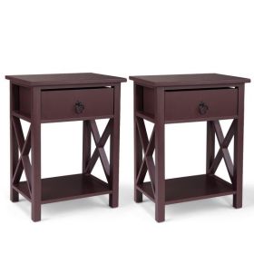 Set of 2 Wooden Nightstand, X-Shaped Sofa Side Table, End Table with Drawer, Bedroom Living Room Furniture XH