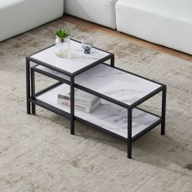 Modern Nesting coffee table Square & rectangle; Black metal frame with wood marble color top