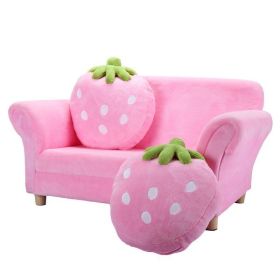 Children's Double Sofa Chair w/ 2 Strawberry Pillows and Soft Surfaces, Solid Wood Kids Upholstered Armrest Couch for Playroom Bedroom, Pink XH