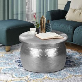 Drum Shape Round Top Aluminum Storage Accent Stool with Lid Top Open; Silver; DunaWest