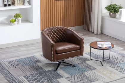 COOLMORE Swivel Barrel chair living room chair with nailheads and Metal base (Color: Brown Pu)