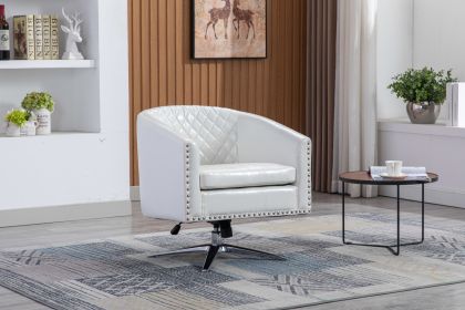 COOLMORE Swivel Barrel chair living room chair with nailheads and Metal base (Color: White Pu)