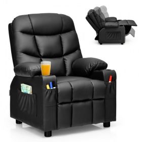 PU Leather Kids Recliner Chair with Cup Holders and Side Pockets (Color: Black)