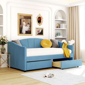 Upholstered daybed Twin Size with Two Drawers and Wood Slat Suppot (Color: Blue)