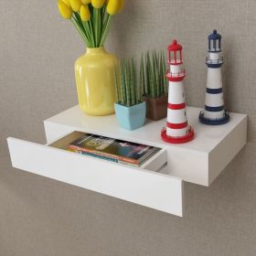 White MDF Floating Wall Display Shelf 1 Drawer Book/DVD Storage (Color: White)