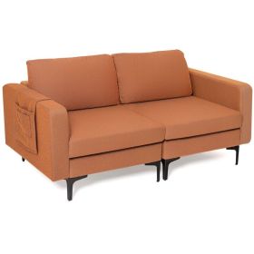 Living Room Modern Fabric 2-Seat Sofa Couch W/ Side Storage Pocket (Color: Orange, Type: 2-Seat)