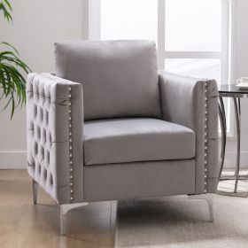 Modern Velvet Armchair Tufted Button Accent Chair Club Chair with Steel Legs for Living Room Bedroom (Color: Grey)