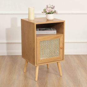 Nightstand with Natural Rattan Door Rattan Drawer;  Wooden Bedside Table End Table for Living Room and Bedroom (Type: Door)