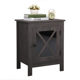 Farmhouse Side Table, Wood Nightstand with X-Shaped Glass Door, End Table for Bedroom Living Room, Rustic XH (Color: Dark Grey Wood Grain)