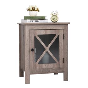 Farmhouse Side Table, Wood Nightstand with X-Shaped Glass Door, End Table for Bedroom Living Room, Rustic XH (Color: vintage wood grain)