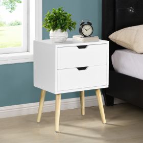 Side Table with 2 Drawer and Rubber Wood Legs; Mid-Century Modern Storage Cabinet for Bedroom Living Room Furniture; White (Color: White)