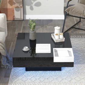 Modern Minimalist Design 31.5*31.5in Square Coffee Table with Detachable Tray and Plug-in 16-color LED Strip Lights Remote Control for Living Room (Color: Black)