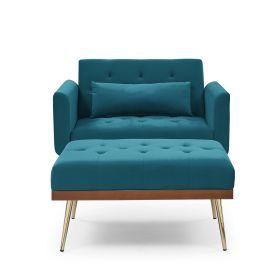 Recline Sofa Chair with Ottoman, Two Arm Pocket and Wood Frame include 1 Pillow (Color: Teal Blue)